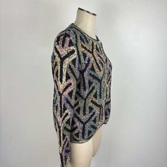 Vtg 90s Y2K South Cotton Womens L Hand Knitted Cardigan Sweater Heavy Y Pattern - Picture 4 of 11